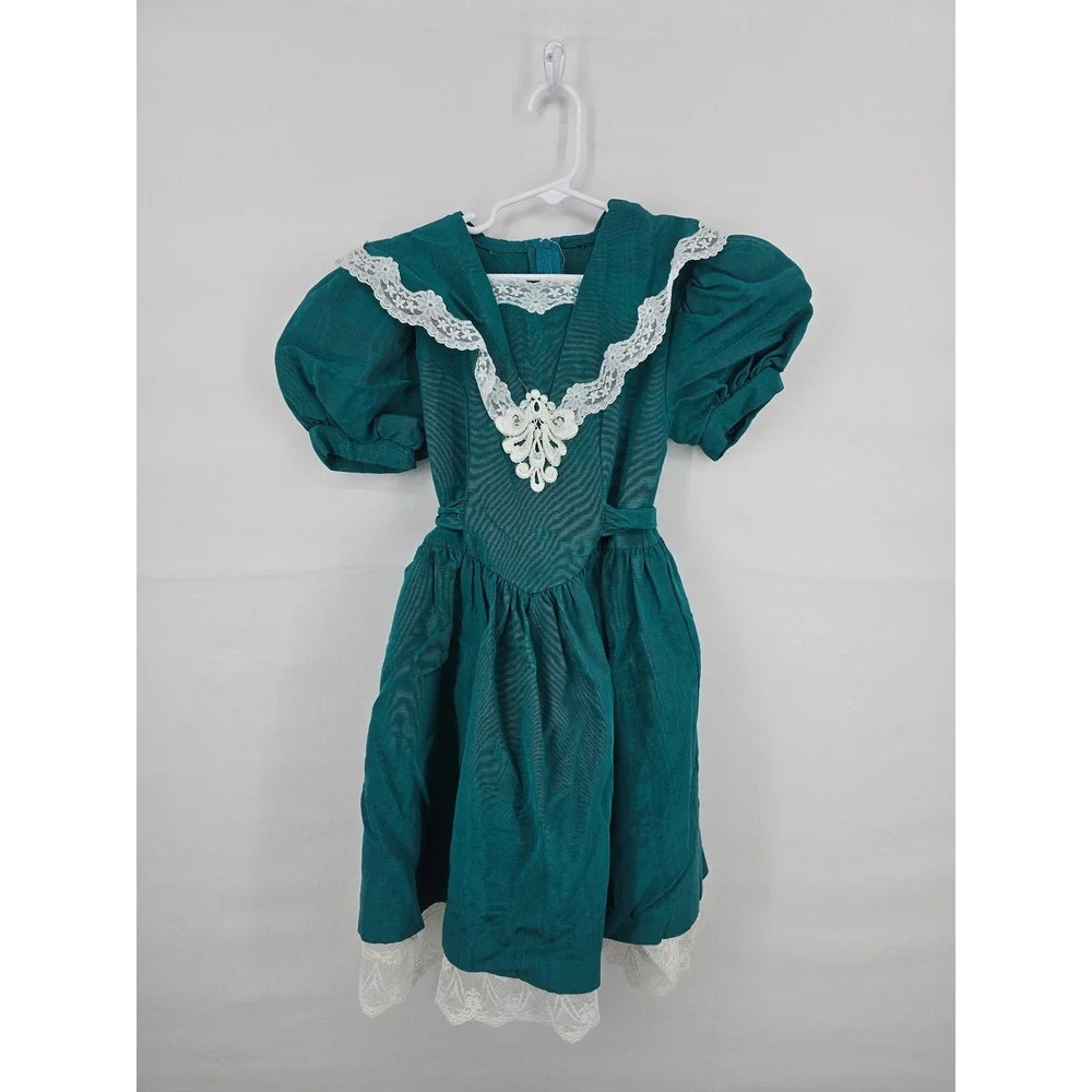 Vintage Jessica McClintock Girls Teal Green Lace Trim Party Dress Size 8 USA